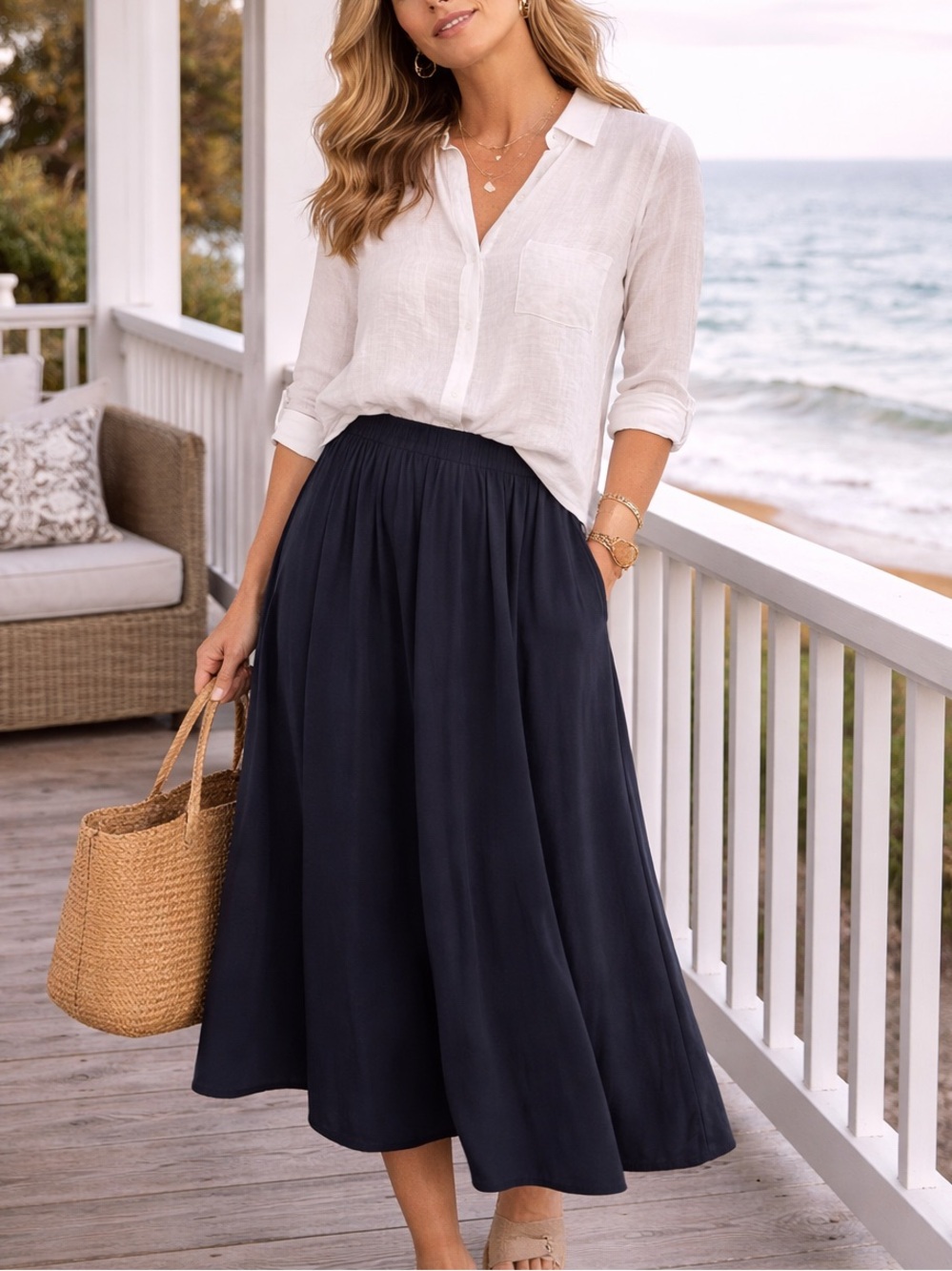 Vintage Y2K TanJay Navy Blue Flowy Midi Skirt  10 Petite Coastal Grandma Resort